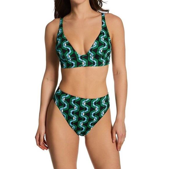 Sanctuary Geo Wave Bikini Size XS Green Blue High Leg High Rise Swim Bottoms NEW